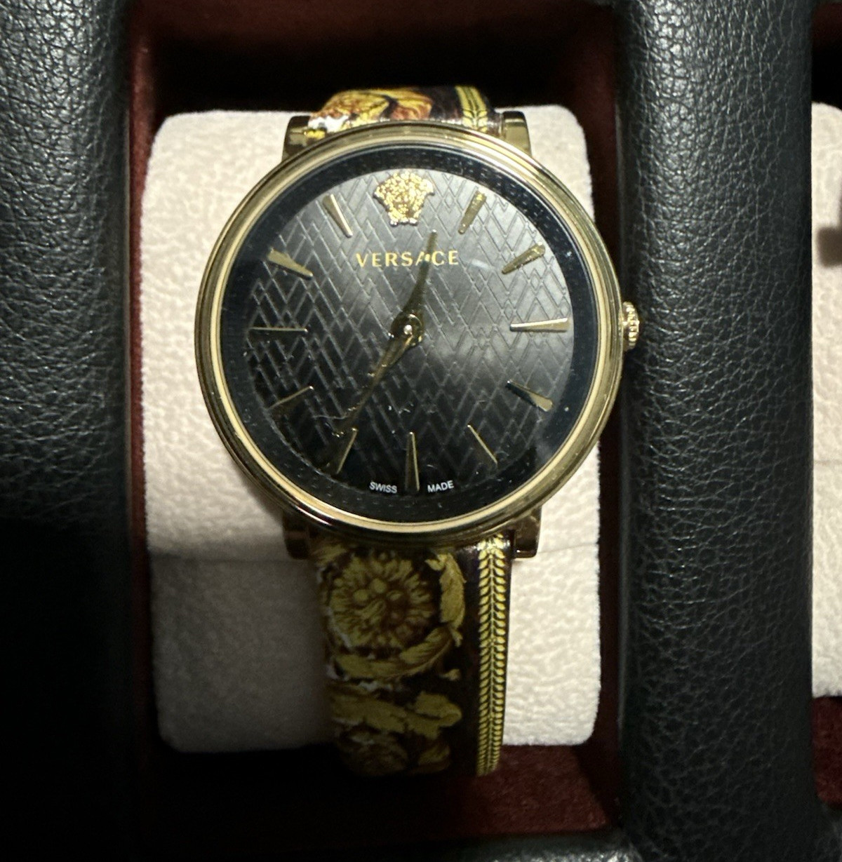 Versace Women’s Quartz Swiss Made Watch Black Geometric Dial Gold Case