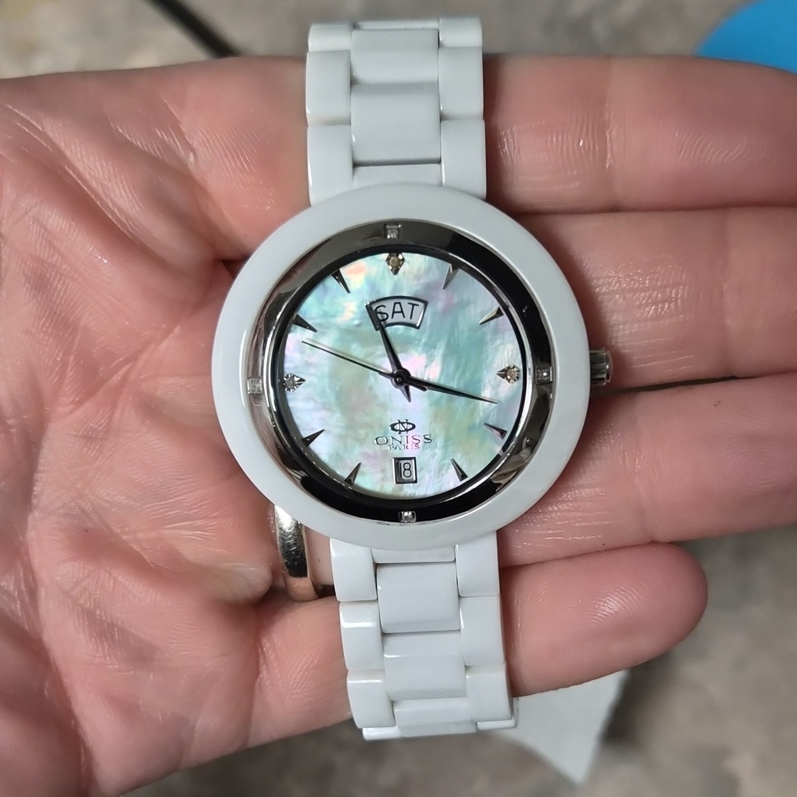 Oniss Quartz Mother-of-Pearl Dial Day/Date White Ceramic Bracelet Watch