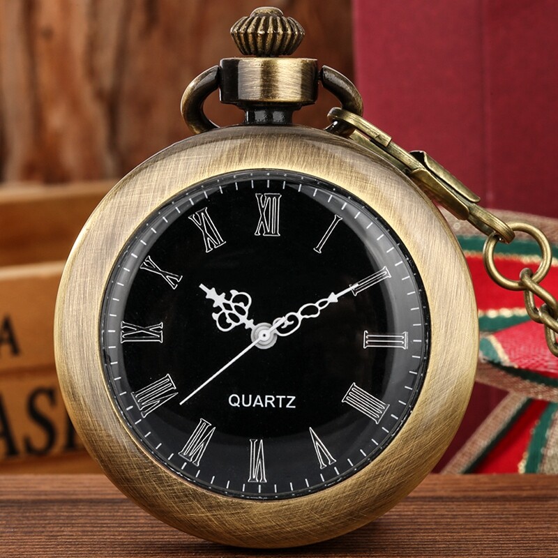 Bronze Smooth Open Face Roman Numerals Pocket Watch Alloy Case with Hook Chain
