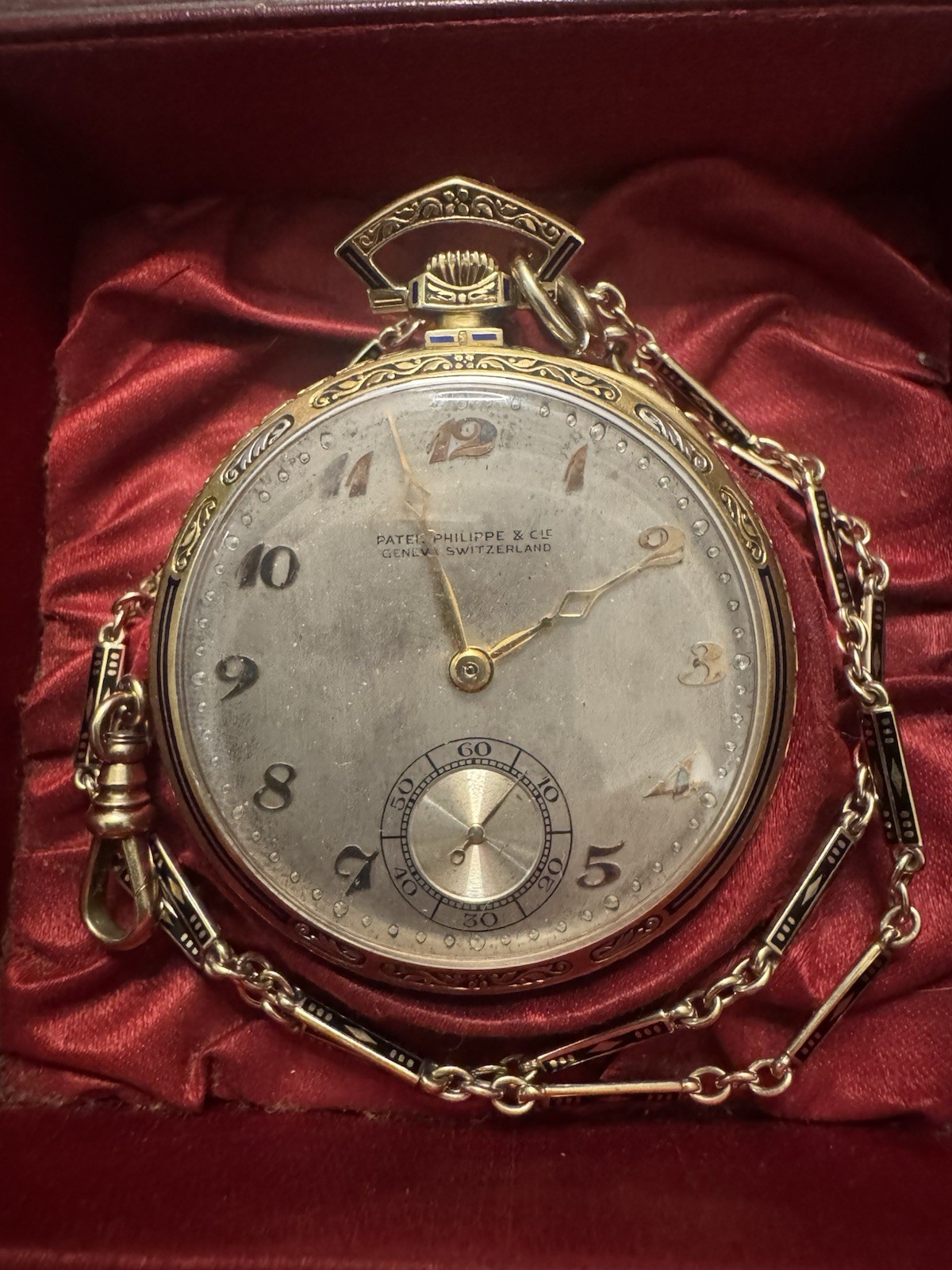 1920s Patek Philippe 18k Gold & Enamel Pocket Watch Wolf Teeth 14k Chain