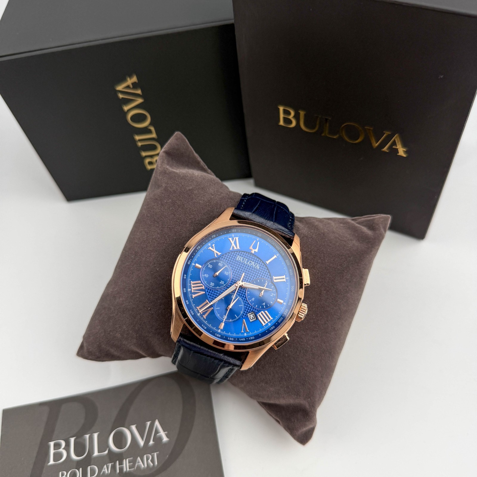 Bulova Classic 97B170 Wilton Blue Dial Chrono Leather Strap Men’s Watch 46mm