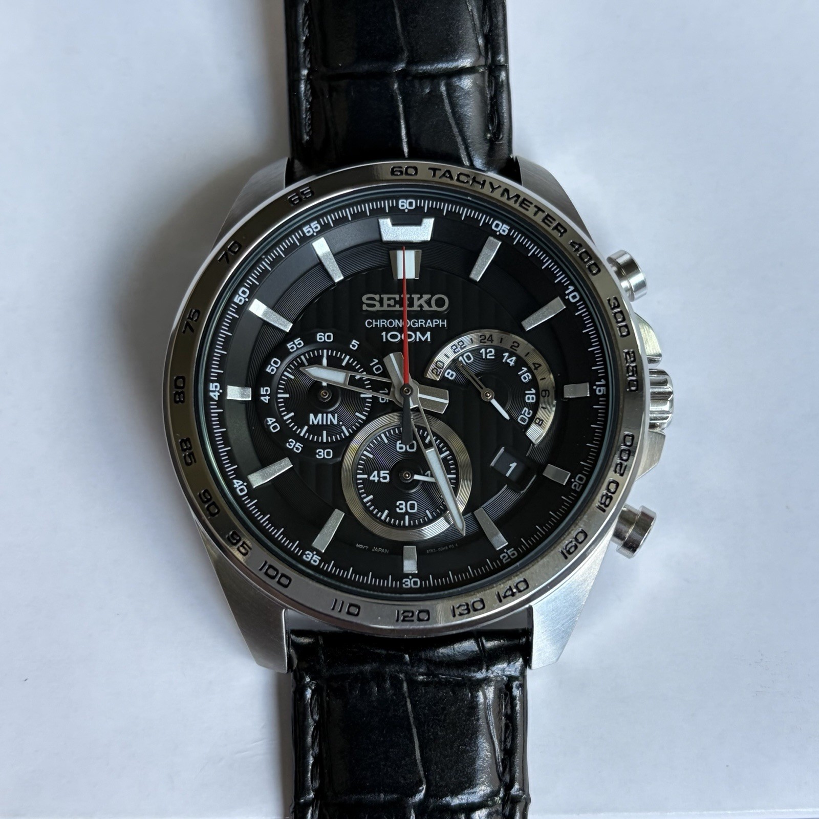 Seiko Chronograph Quartz Black Dial Watch 8T63-00G0 Tachymeter 44mm