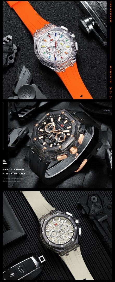 MINI FOCUS Men Transparent Case Multifunction Chronograph Calendar Quartz Watch