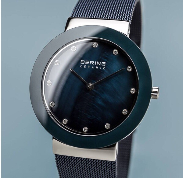 New! Bering Time Ceramic Polished Silver Stainless Steel Blue Watch 11435-387