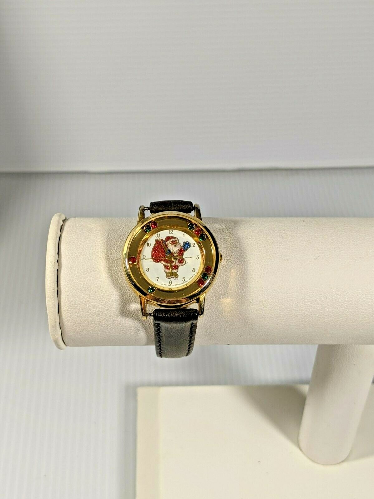 Gold Tone Red Green Floating Crystal Santa Claus Black Band Watch 8 Inch