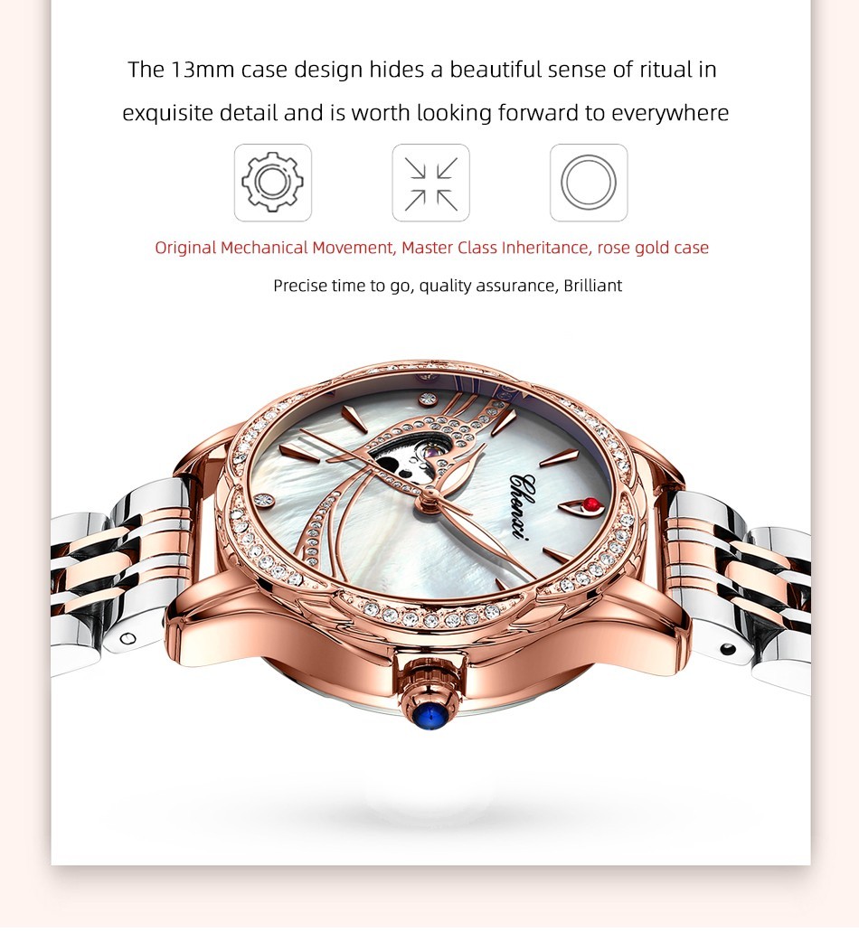 CHENXI Women Leather Hollow Out Luminous Waterproof Automatic Mechanical Watch