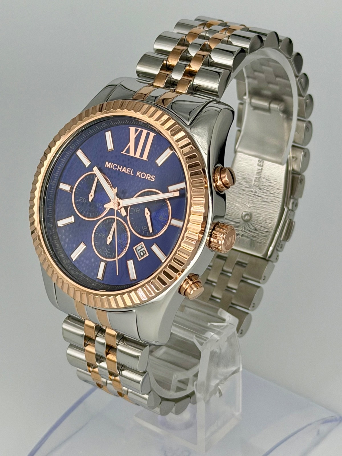 MICHAEL KORS Lexington MK8412 Silver/ Rose-Gold 45mm Blue Dial Unisex Wristwatch