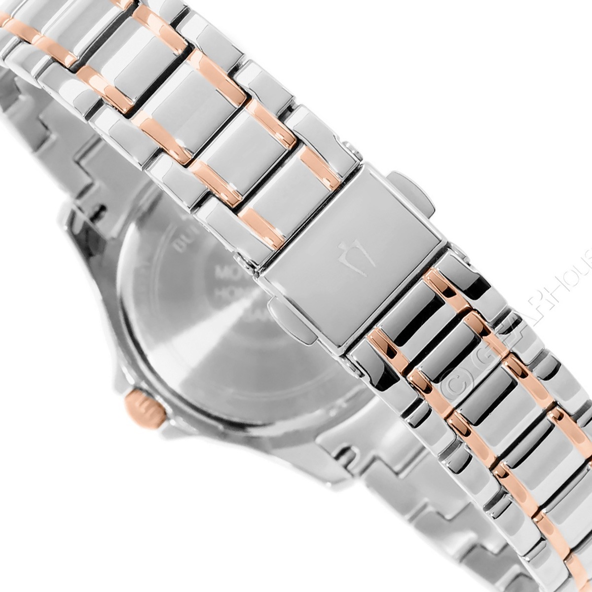 BULOVA Womens Pave Crystals Dress Watch, MOP Dial Two Tone Silver Rose Gold Band