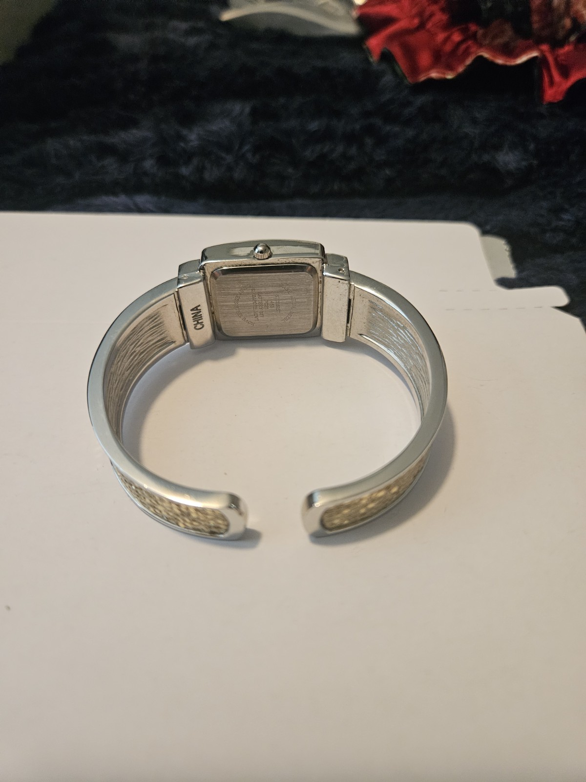 Studio Time Quartz Watch Featuring Rectangular Case and Gold-Tone Handcuff Band