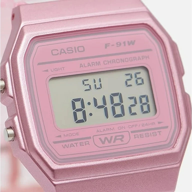 Casio F91WS-4, Digital Chronograph Watch, Pink Jelly Resin Band, Alarm, Date,