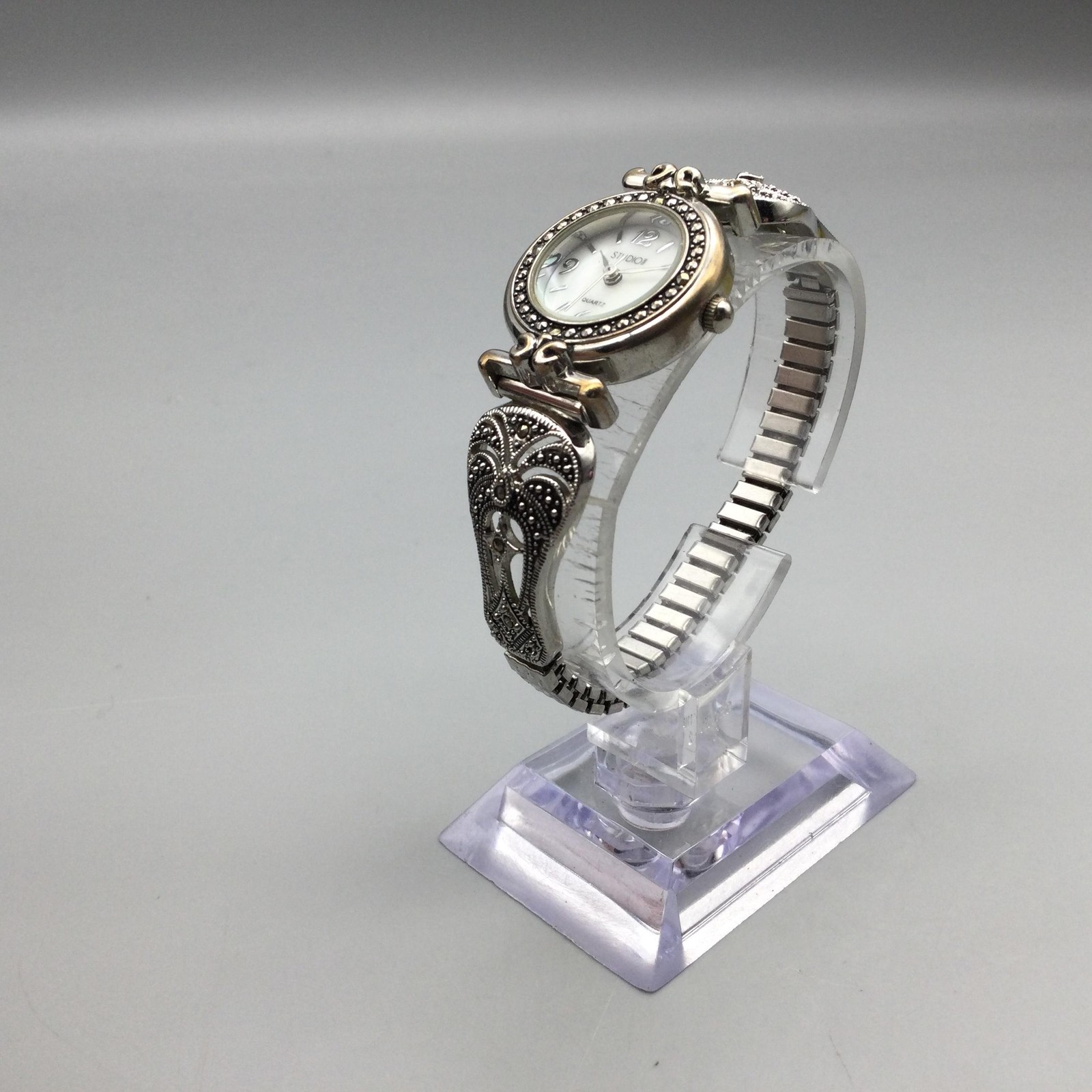 Studio Time Womens Watch 24mm Silver Tone Marcasite MOP Dial New Battery