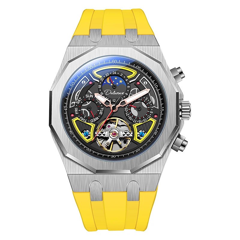 Men’s Tourbillon Mechanical Skeleton Watch Moon Phase Date Waterproof Automatic