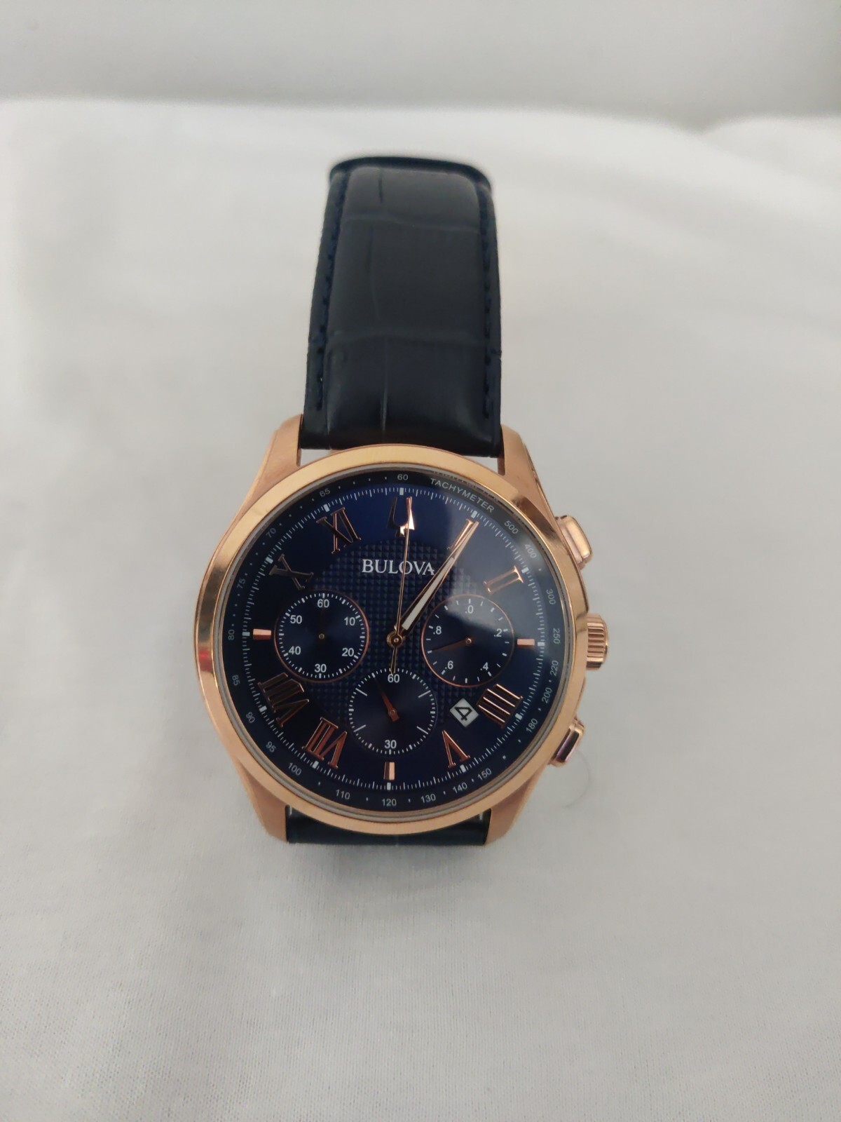 BULOVA $475 MEN’S CLASSIC WILTON ROSE GOLD / BLUE CHRONO DATE WATCH 97B170