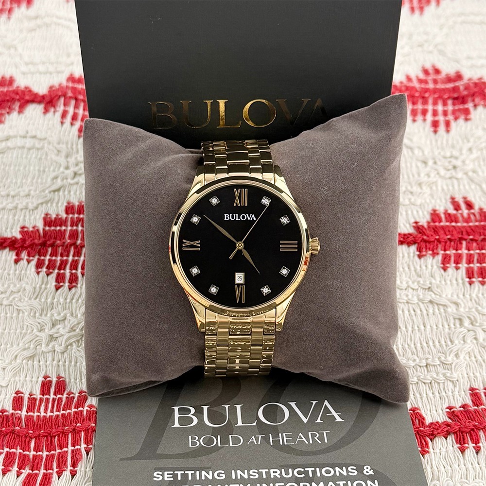 Classic Bulova Diamond 97D108 Black Dial Gold Bracelet Quartz Men’s Watch 40mm