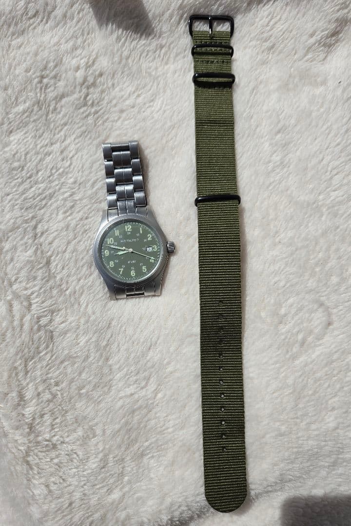 Hamilton Khaki Field Quartz Watch Olive Green Dial Date 42mm NATO Strap