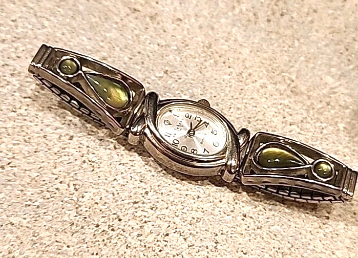 Vintage Silver Stretch Watch Green Yellow Cats Eye Moonstone Quartz LA EXPRESS