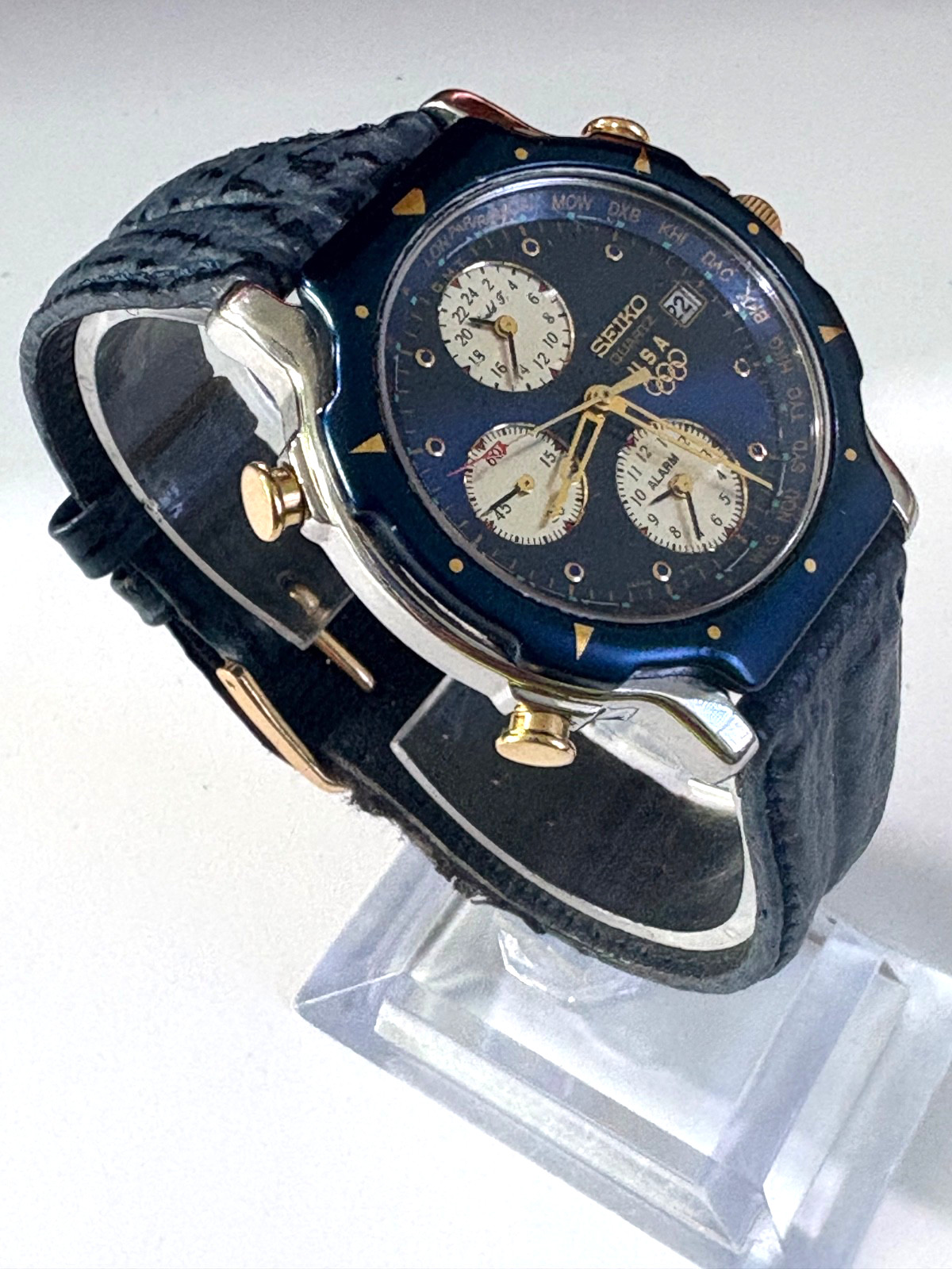 VINTAGE SEIKO USA OLYMPIC WORLD TIMER 5T52-6B08 DUAL TIME ALARM WATCH BLUE DIAL