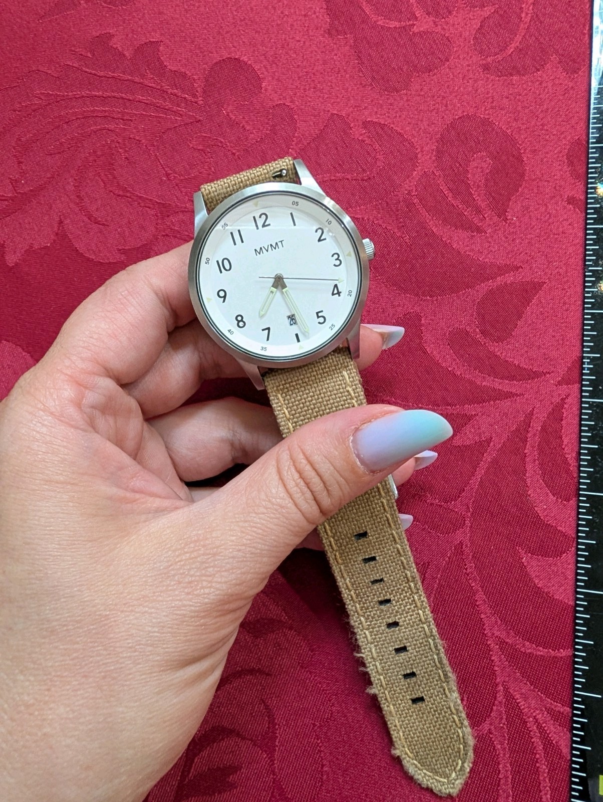MVMT Quartz Analog Watch 42mm White Dial Date Untested Tan Canvas Strap