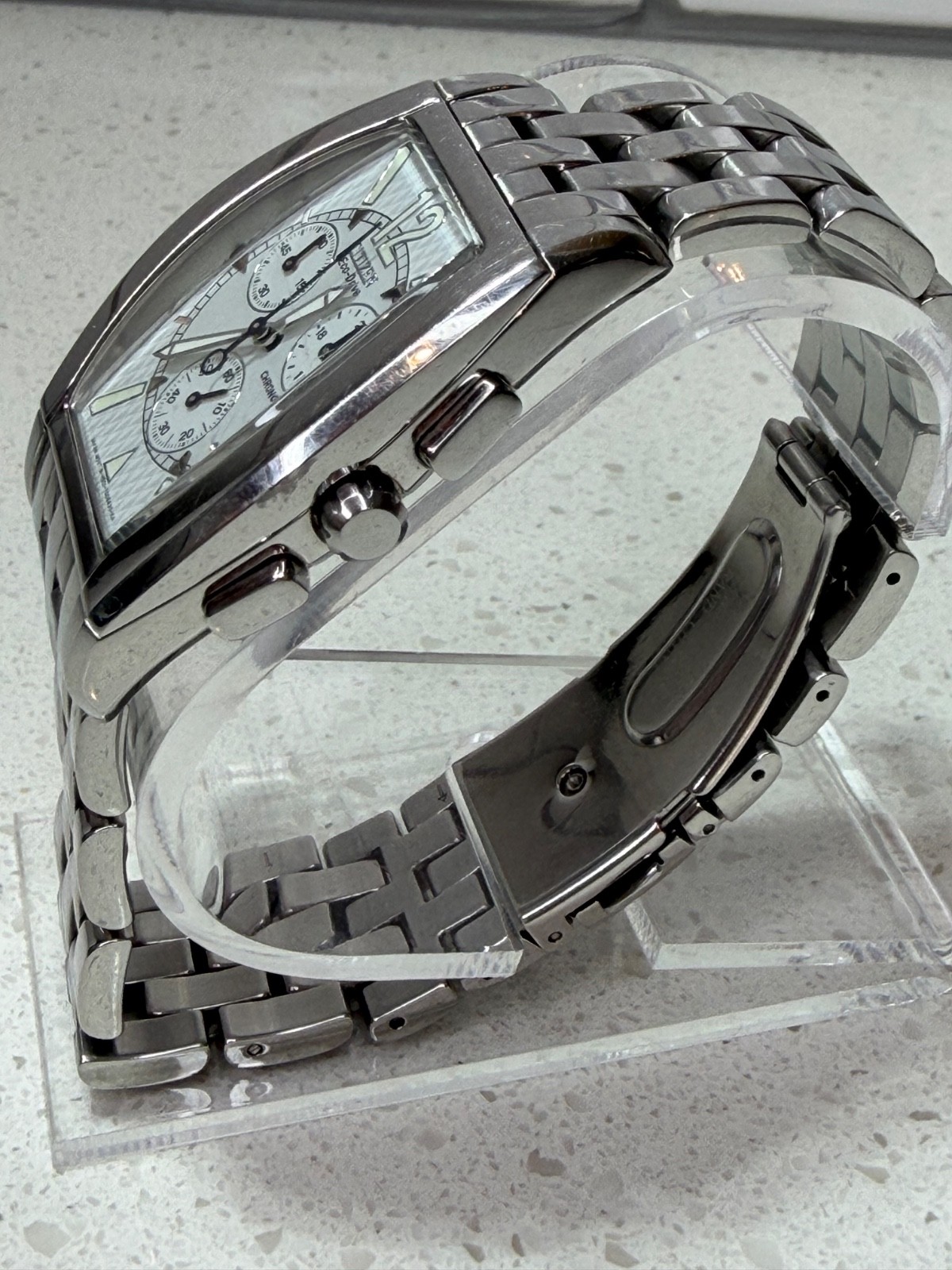 Citizen Eco-Drive Tonneau Chronograph Stainless Steel Men’s Watch – H501-S008336
