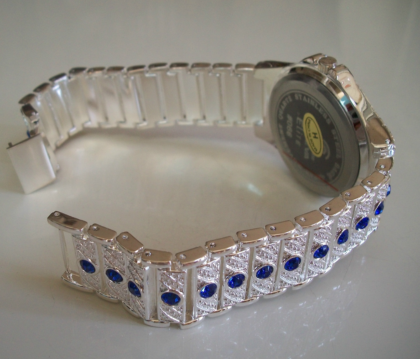 Men’s blue & clear bling silver finish red dial fashion dress up watch