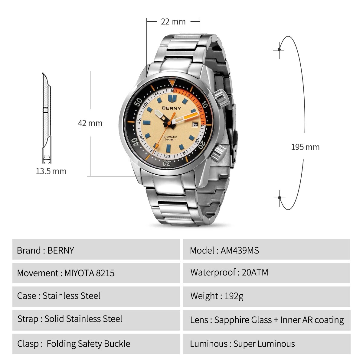 Hight Quality Diver Men’s Automatic Mechanical Luminous 20ATM Sapphire Watch