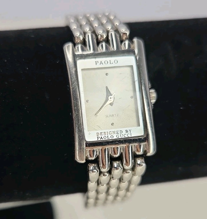 Vintage Paolo GUCCI Metal Silvertone Link Ladies Elegant Watch 7.5″ Wrist *WORKS