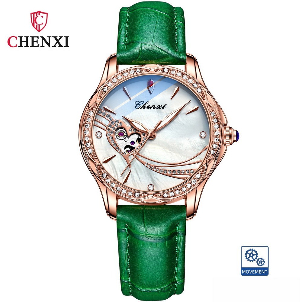 CHENXI Women Leather Hollow Out Luminous Waterproof Automatic Mechanical Watch
