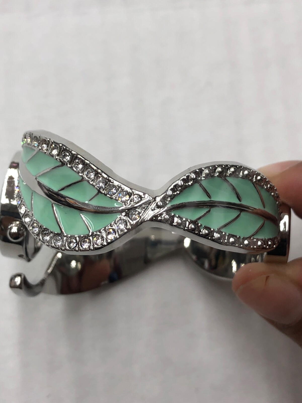Studio Time Watch Women Silver Tone Green Resin Leaf Hinged Cuff