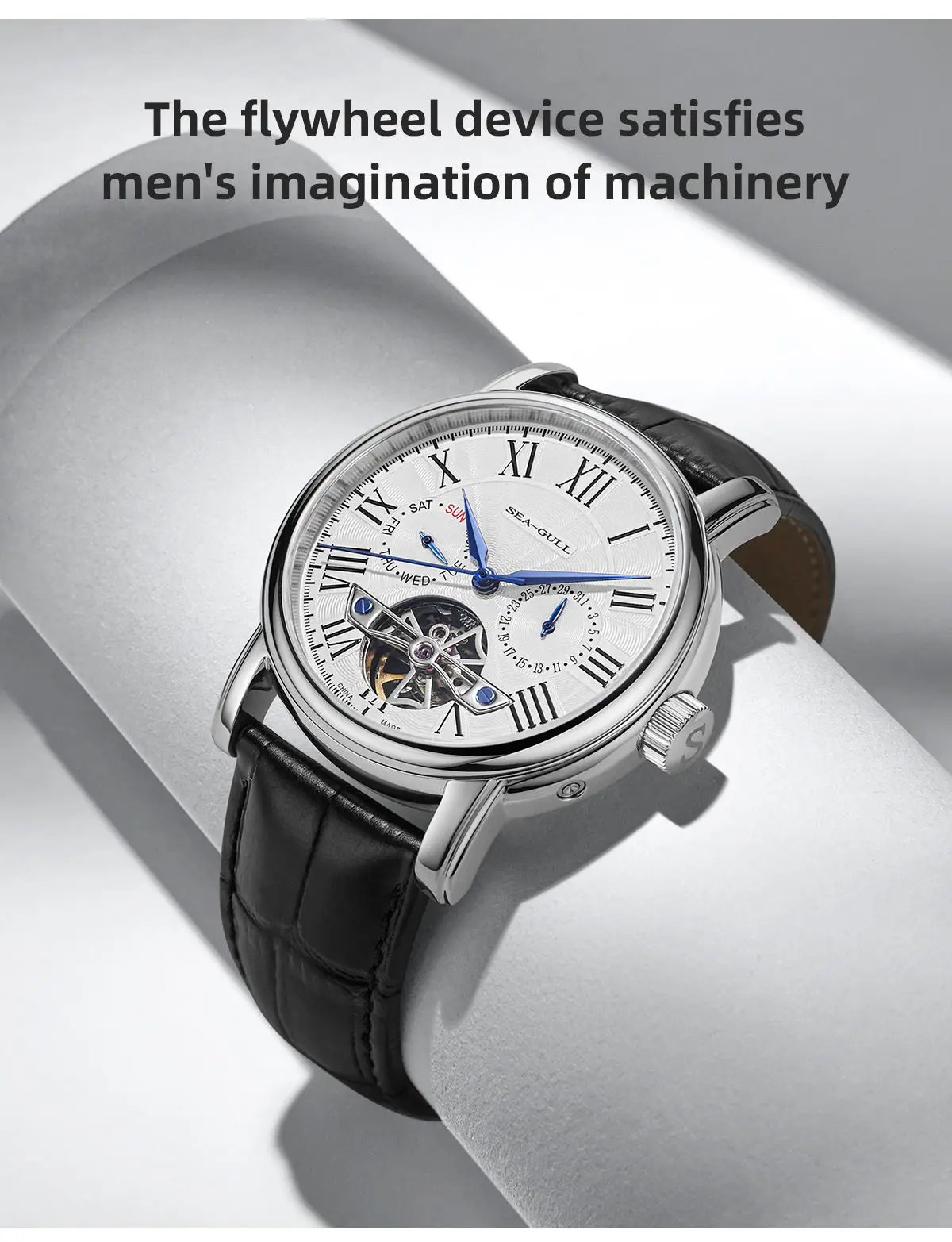 Seagull Automatic Skeleton Watch — Open Heart Mechanical, Leather, Slate & Crown