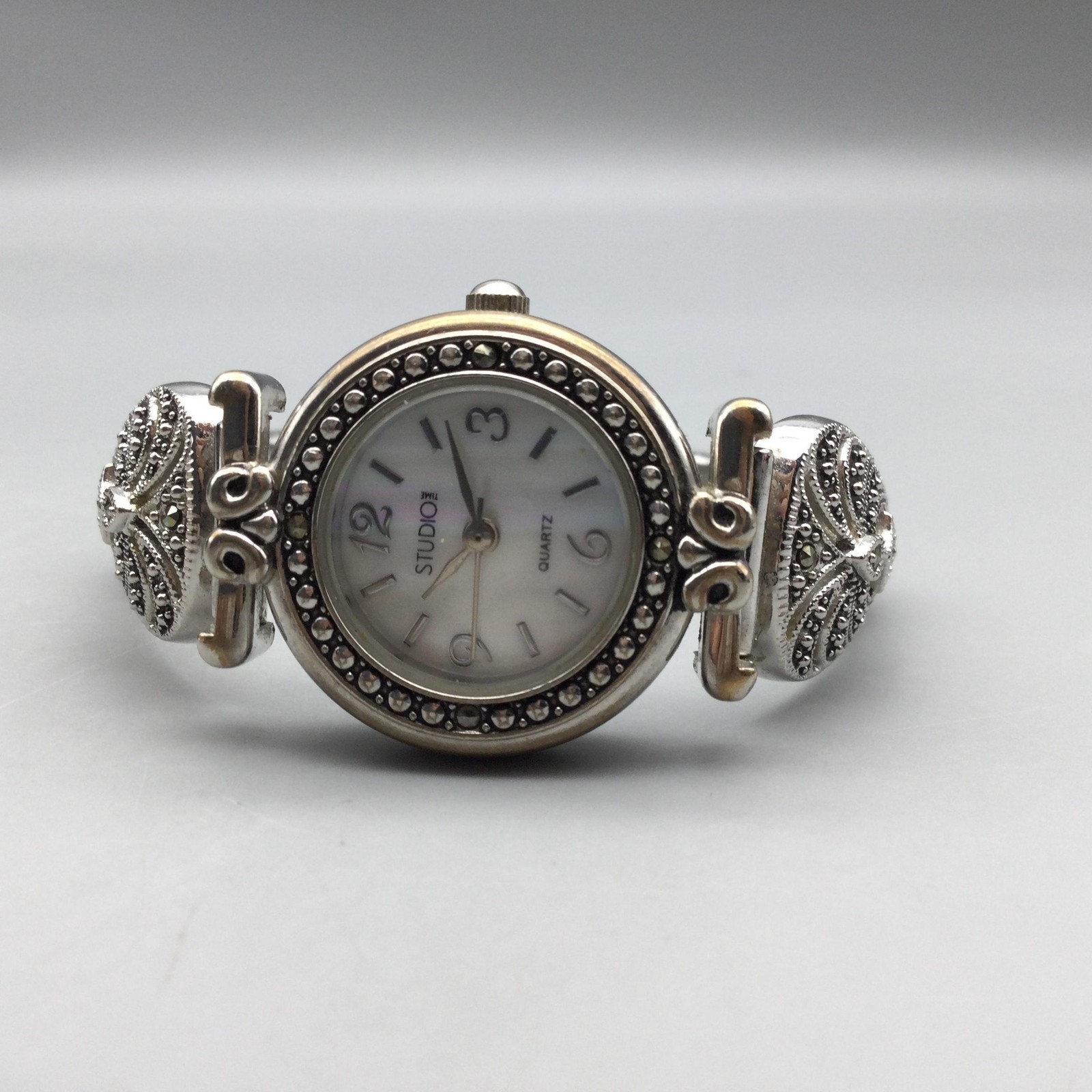 Studio Time Womens Watch 24mm Silver Tone Marcasite MOP Dial New Battery