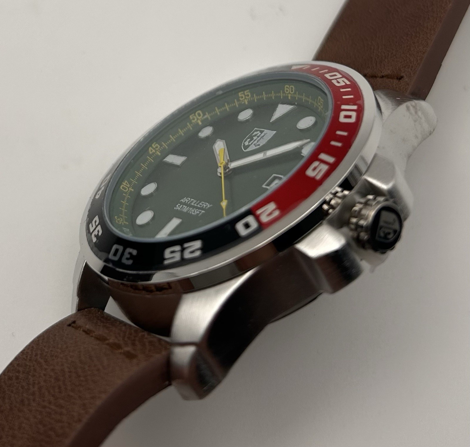 Three Leagues Men’s Artillery Green Dial Black & Red Bezel Quartz 43mm Watch