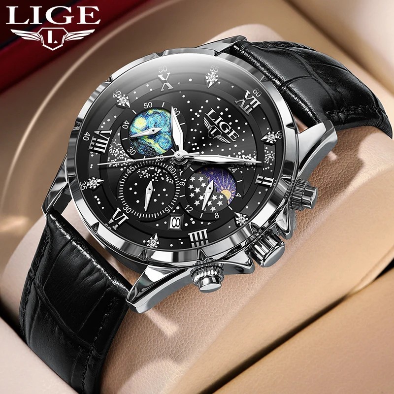 LIGE Luxury Quartz Men’s Watch Leather Strap Date Waterproof Luminous Wristwatch