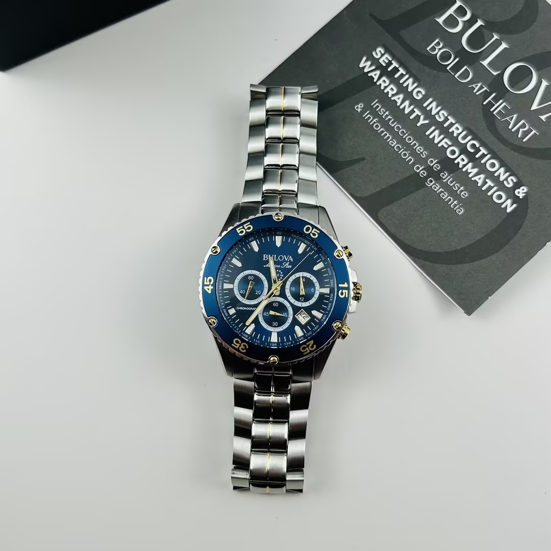 Bulova Marine Star 98B400 Men’s Blue Dial Stainless Chronograph Quartz Watch New