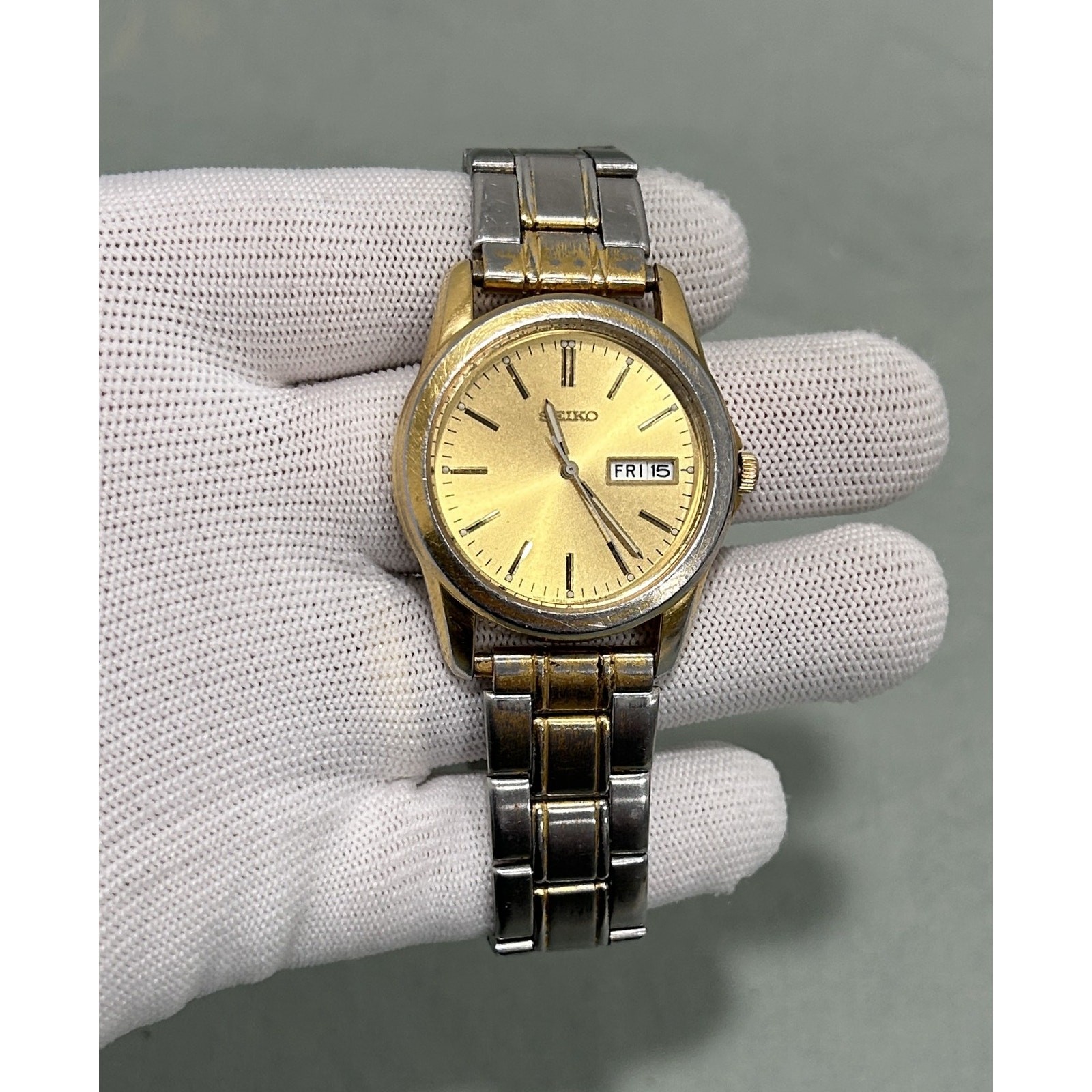 Vintage Seiko Sports 7N43-0AM0 Watch Gold Sunburst Dial Day Date Two Tone 38mm