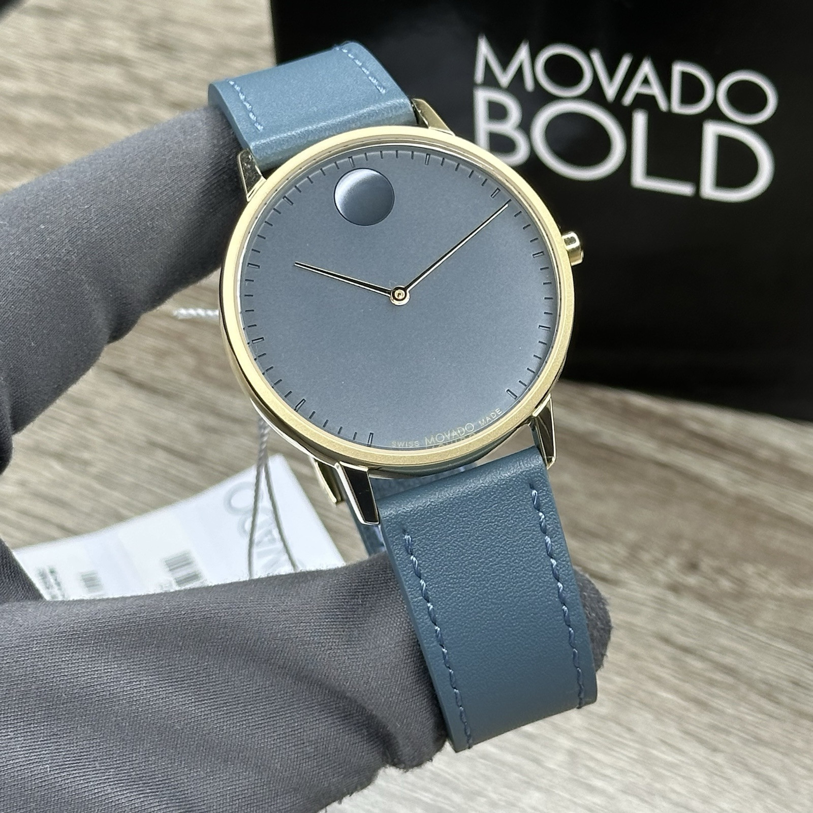 NEW✅SWISS✅ Movado FACE Gray Dial Teal Blue Leather 41mm Gold Men’s Watch 3640124
