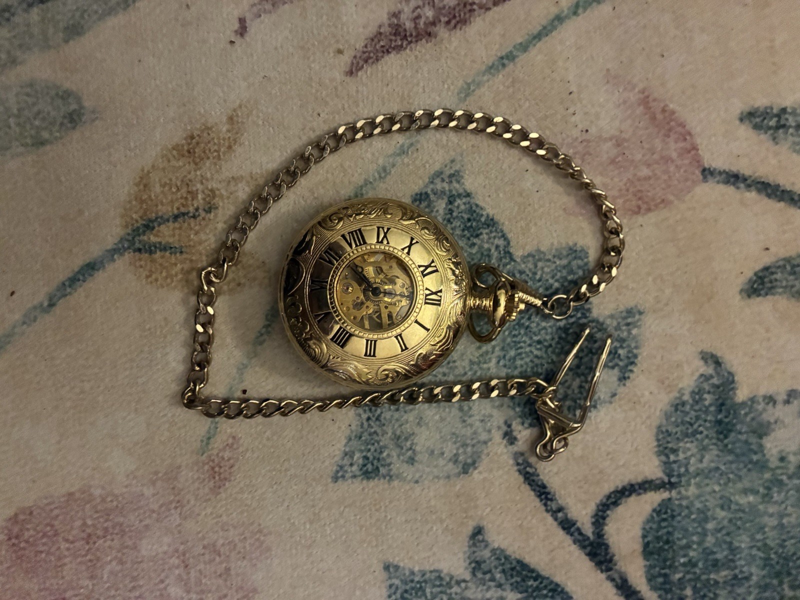 Full Hunter Skeleton Pocket Watch Roman Numerals Manual Mechanical Chain