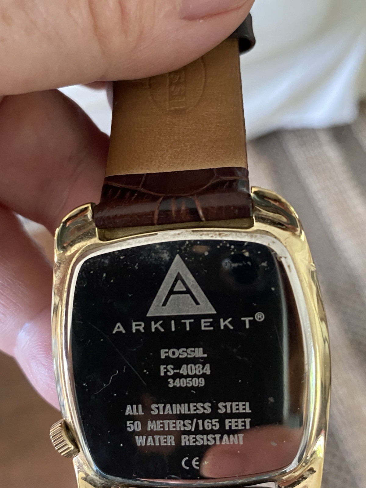 Fossil Arkitekt Gold Tonneau Case Brown Leather Strap Water Resistant Wristwatch