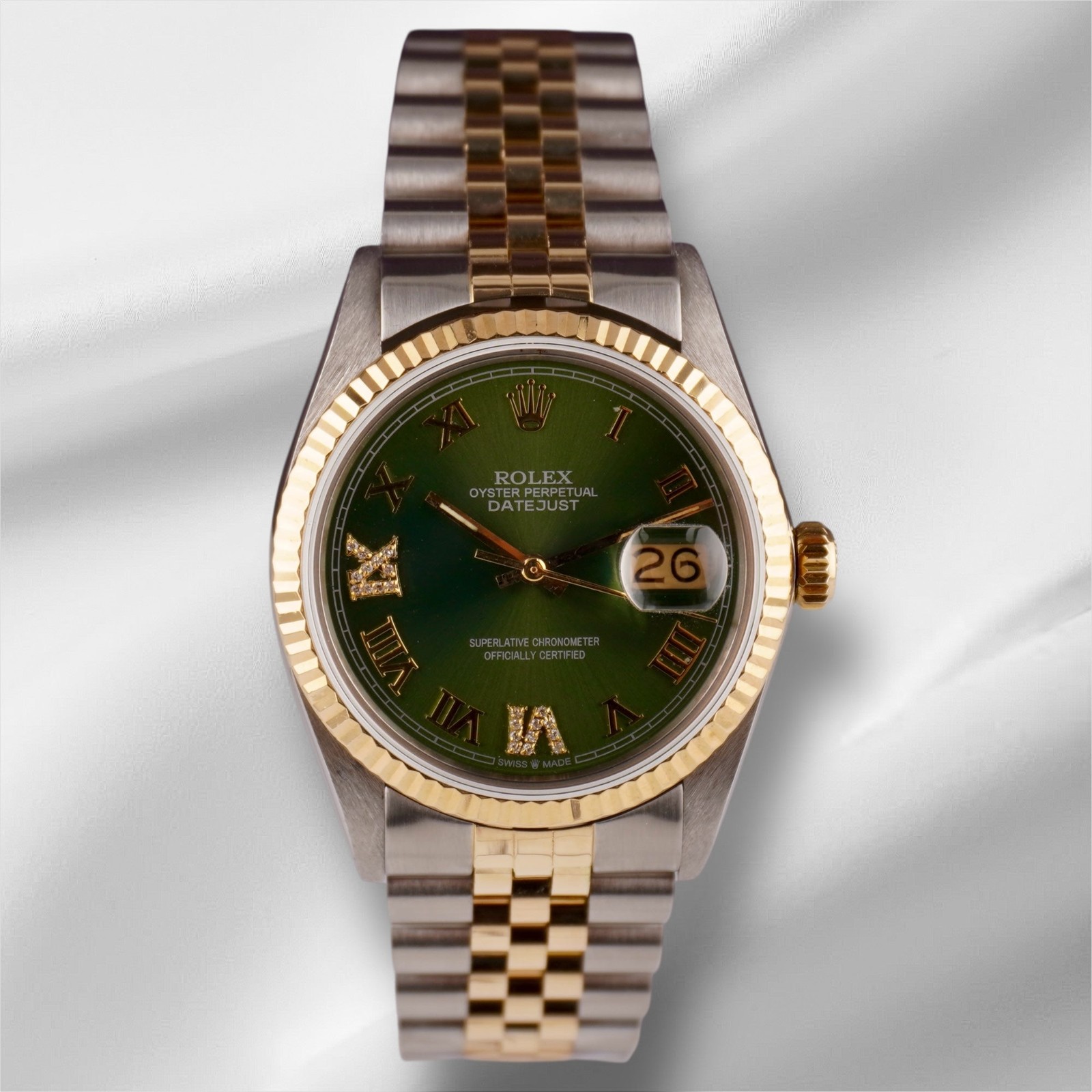Rolex Datejust 36mm Yellow Gold Green Roman Diamond Dial Jubilee Watch 16013
