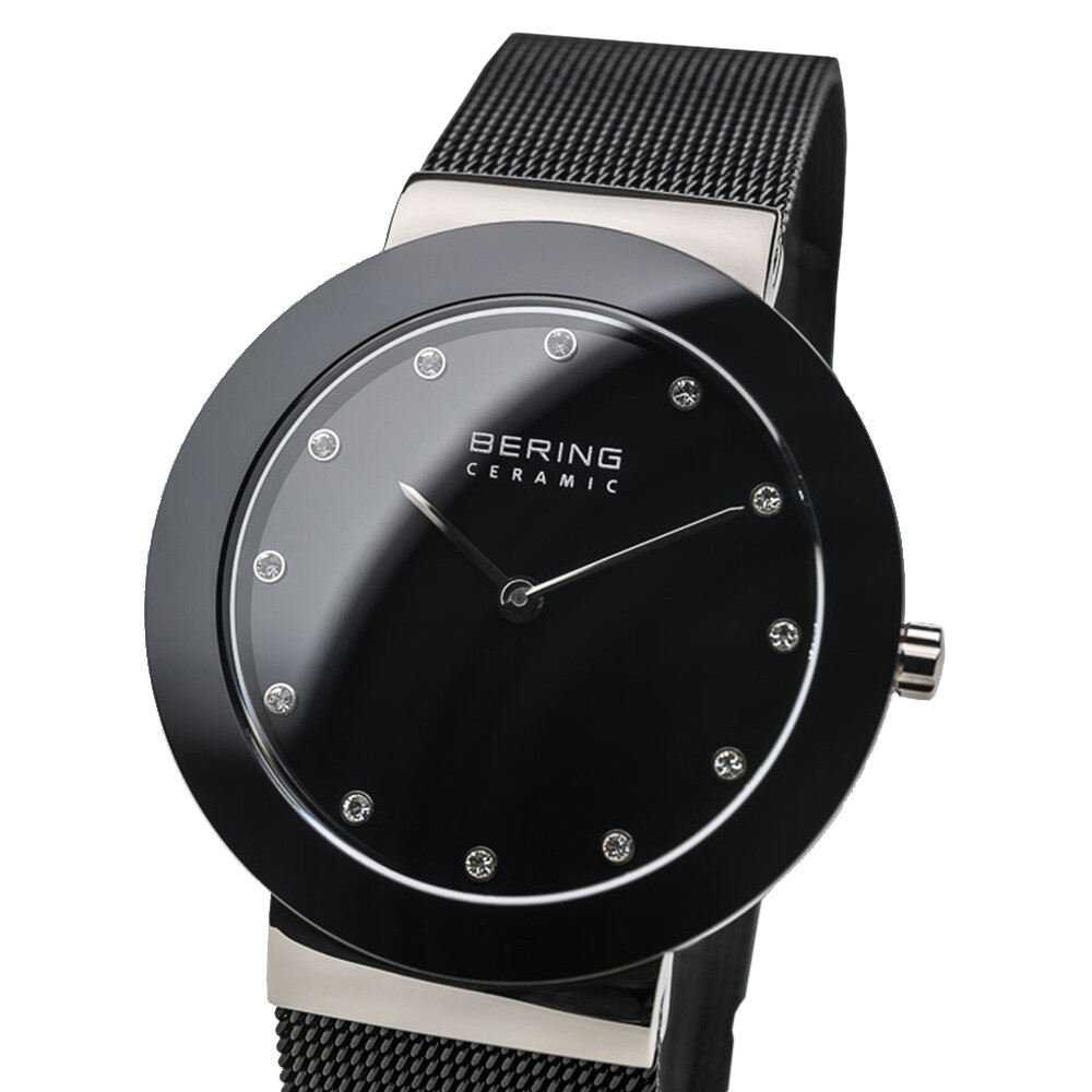Bering Time Ceramic Polished Silver Stainless Steel Black Women Watch. 11435-102