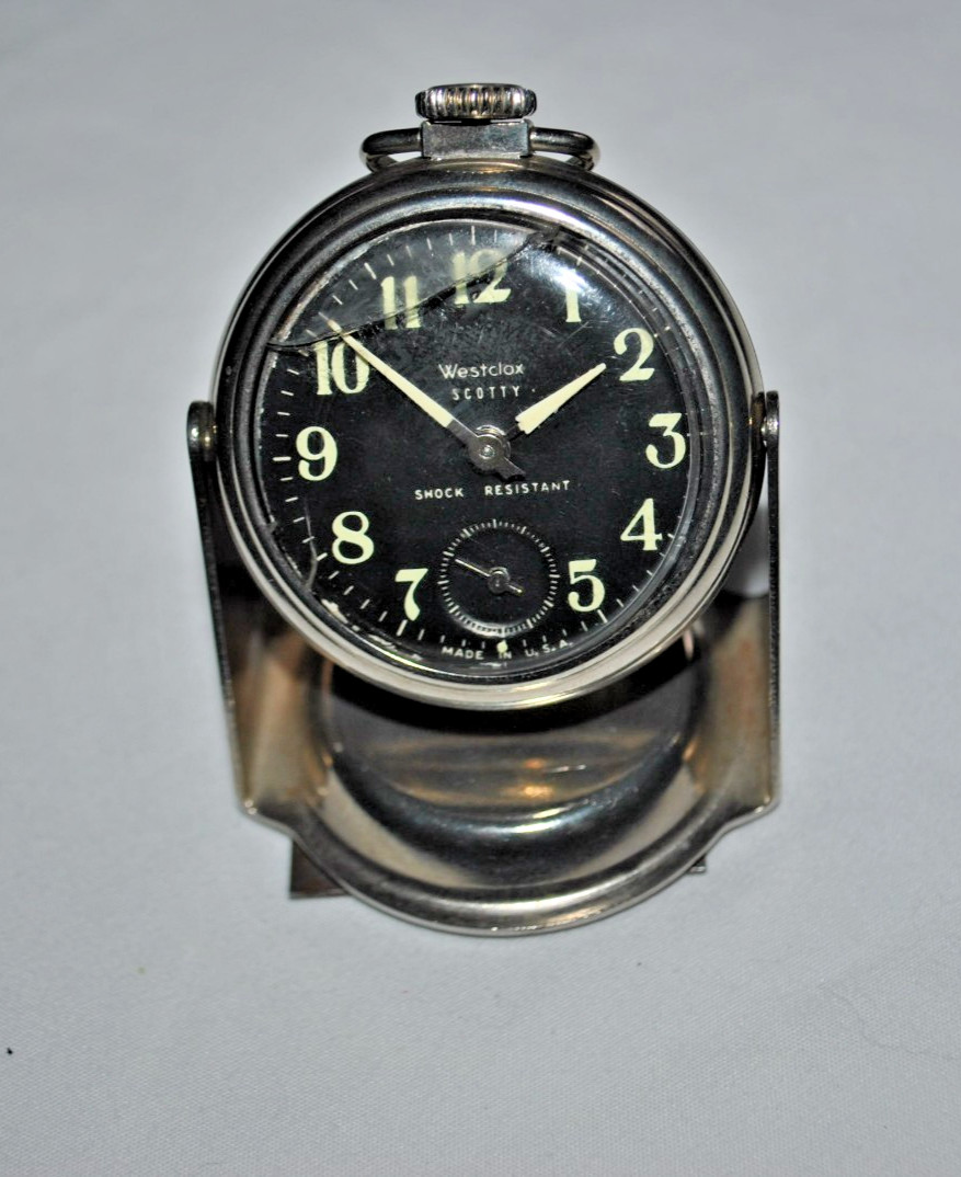 Westclox Scotty Pocket Watch Black Luminous Dial USA Magentic Stand & Chain read