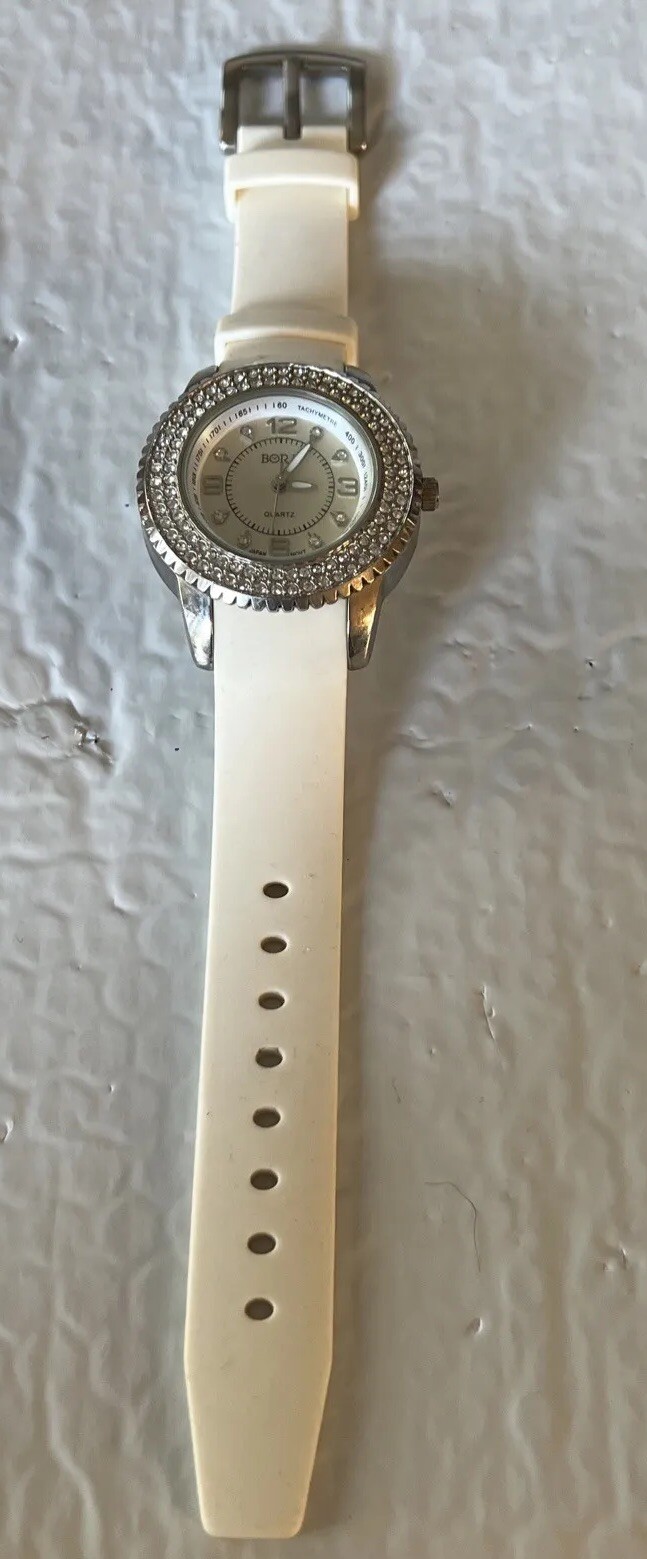 Bora Watch Womens Silver Tone Gem Set Bezel Round Dial 38mm White Band