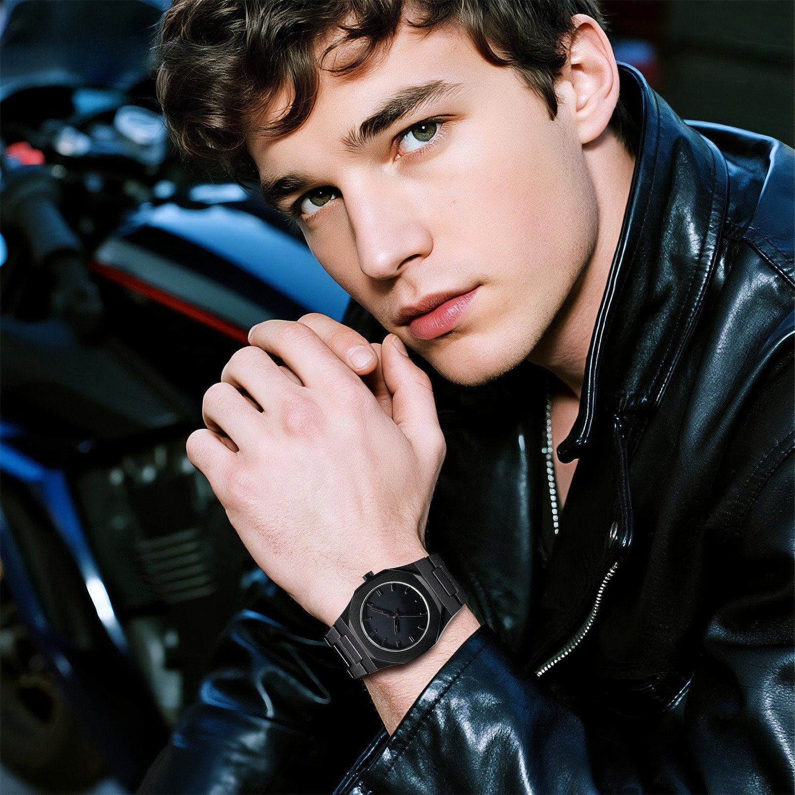 Men Luminous Octagon Dial Quartz Stainless Steel Blue Green Black Band Watch