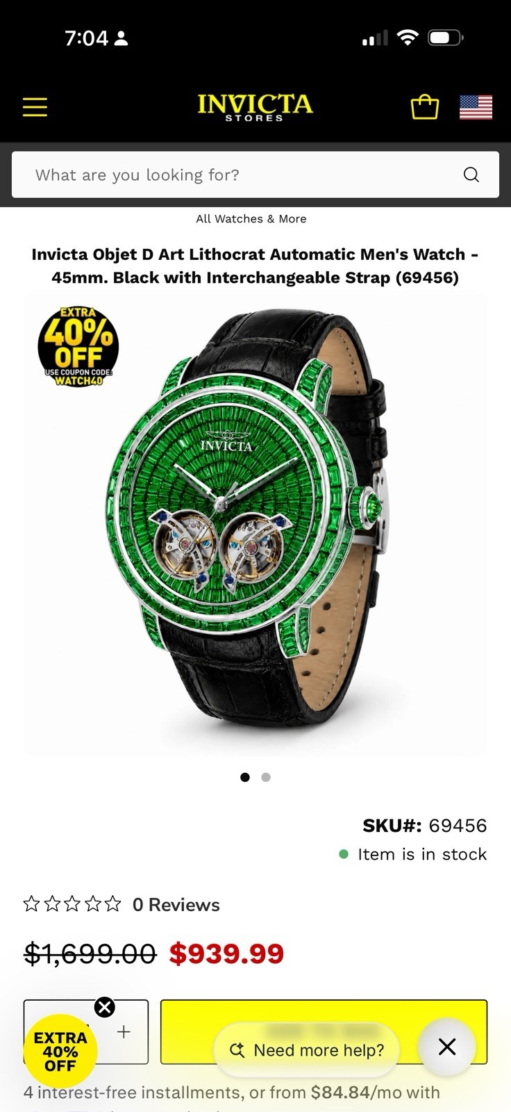 Invicta Objet D Art Lithocrat Automatic 45mm Green Dial Black Lther Strap(69456)
