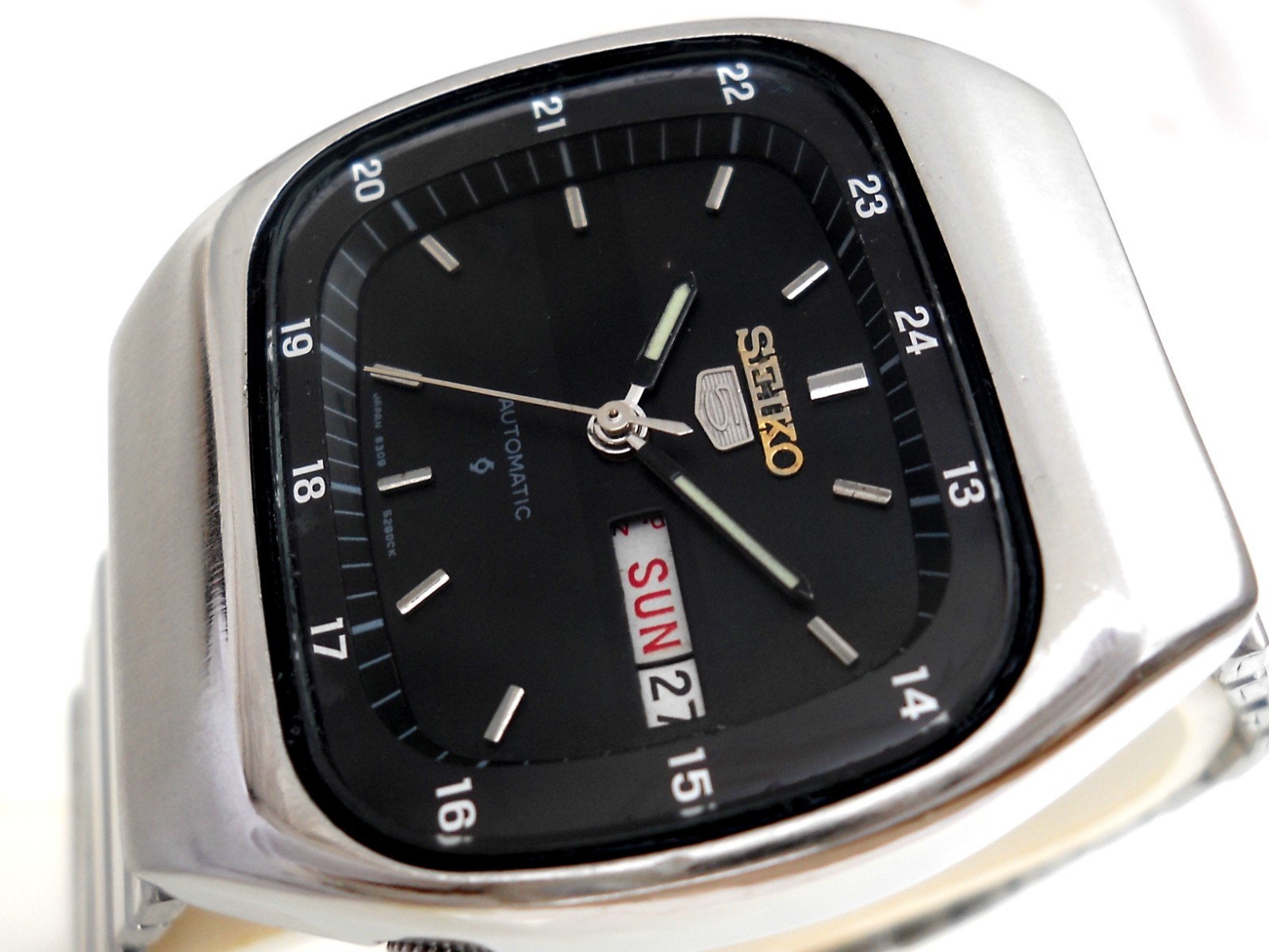 Vintage Seiko 5 Automatic Watch Black Military Dial 6309 TV Screen Case