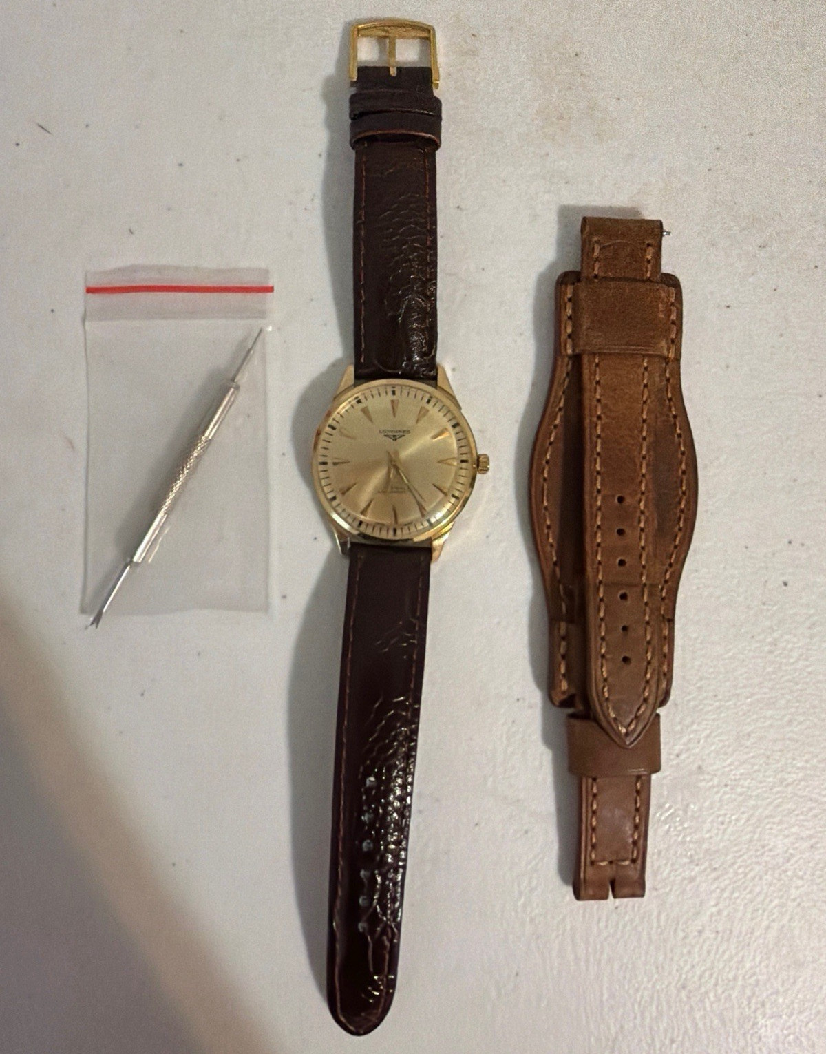 Longines Automatic Gold Plated Gold Dial Dress Watch Brown Leather Strap