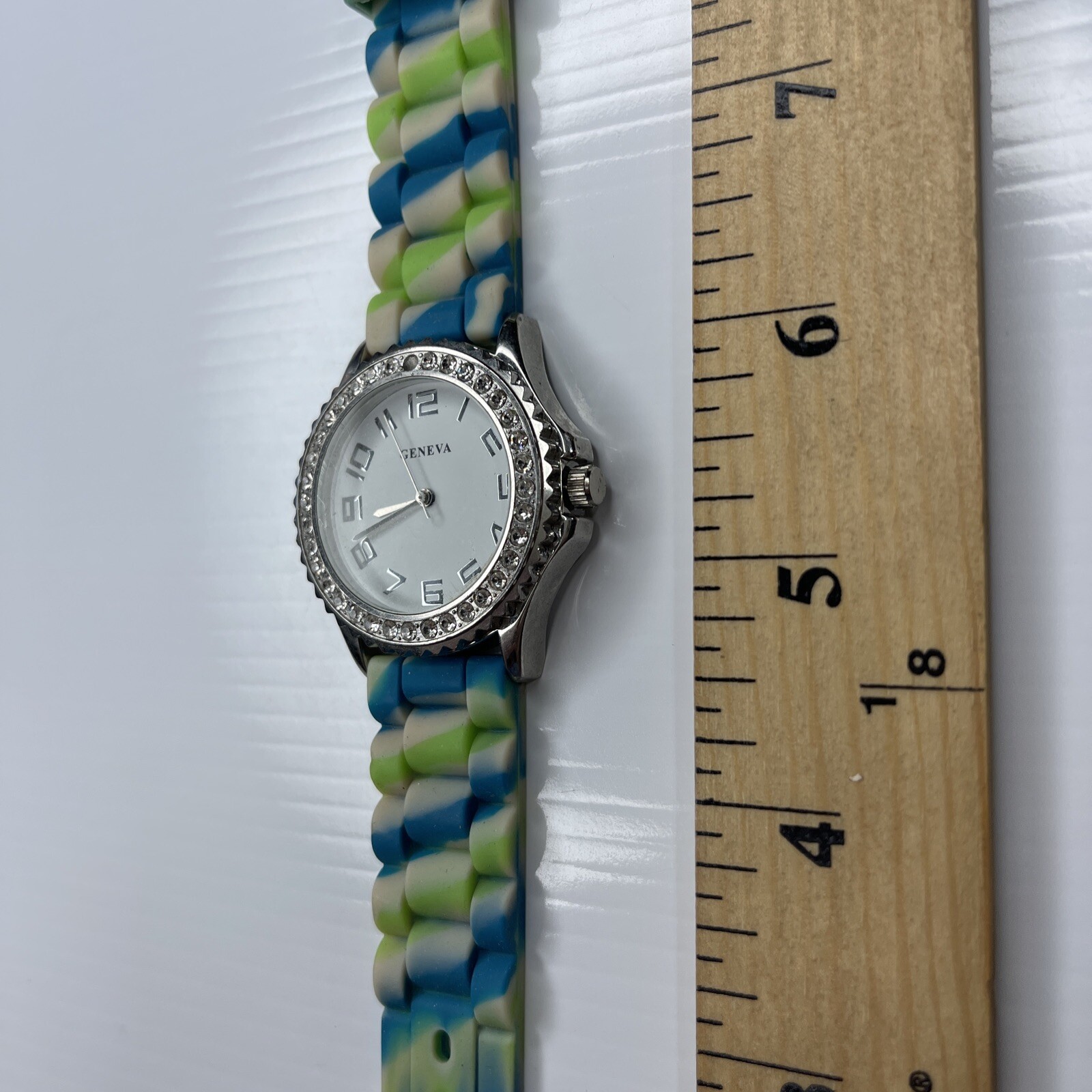 F Geneva Silver Crystals Blue Green Tie Dye Jelly 5573 WR Stainless Watch Works