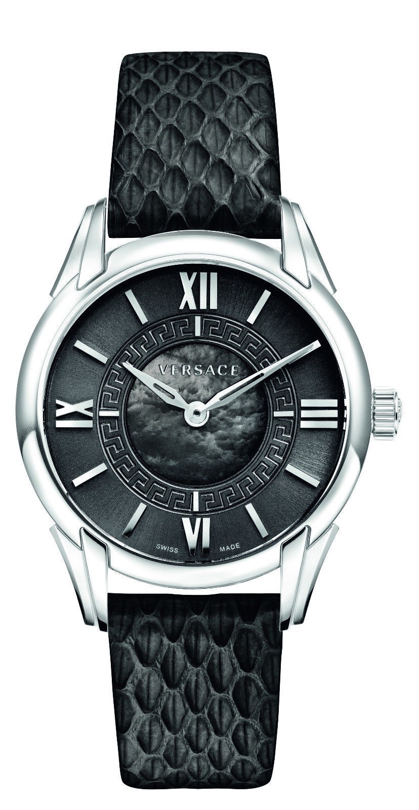 Versace Women’s VFF010013 Dafne Steel Black Leather Strap Elaphe Design Watch