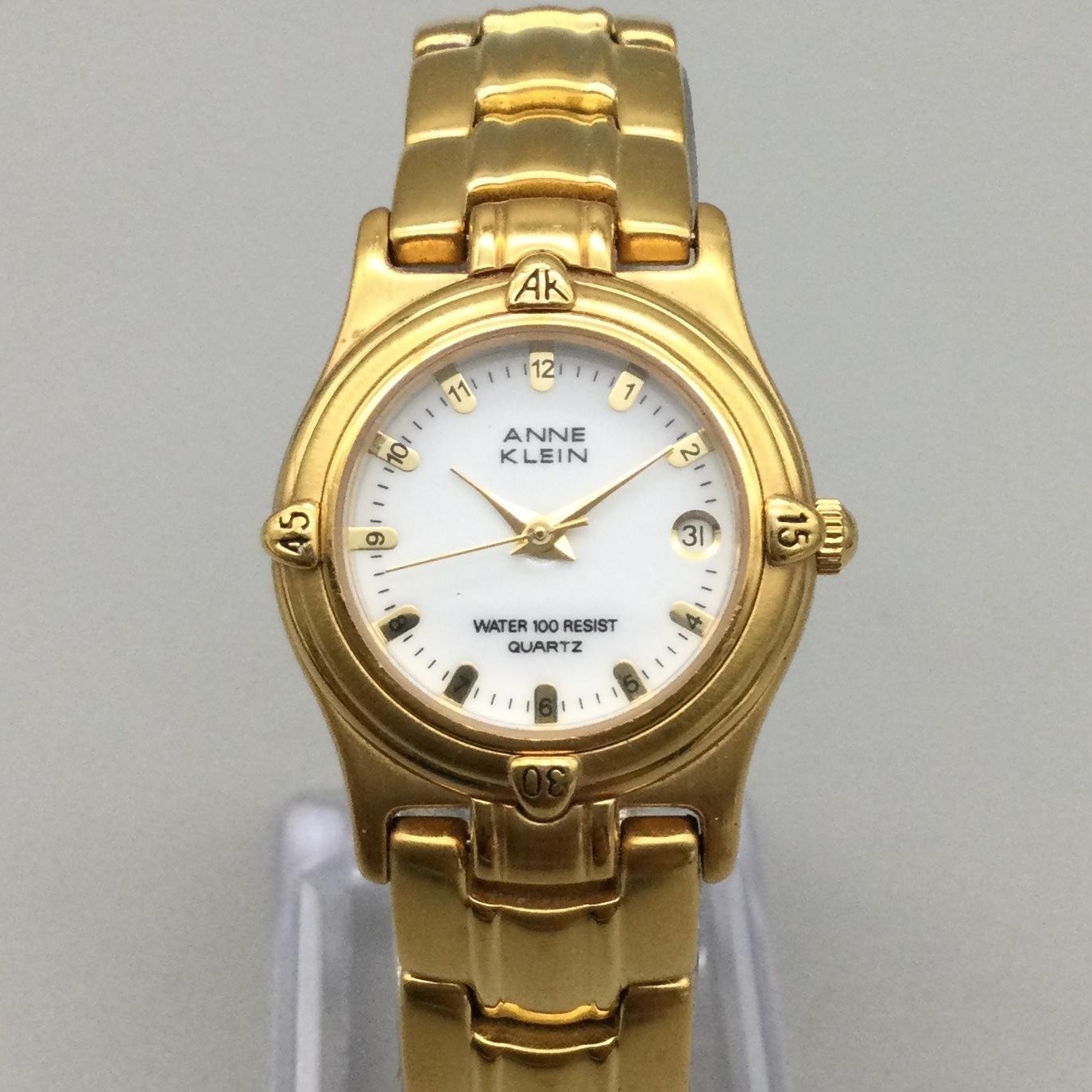 Vintage Anne Klein Womens Watch 25mm White Dial Gold Tone Date New Battery 6.25″