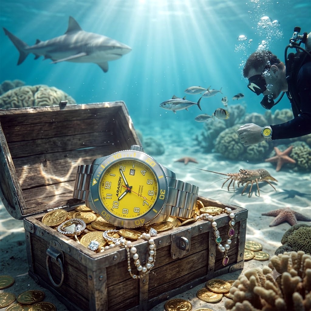 Aragon A534 Yellow Dial Armour Automatic 50mm Men’s Diver Watch Waterproof NEW
