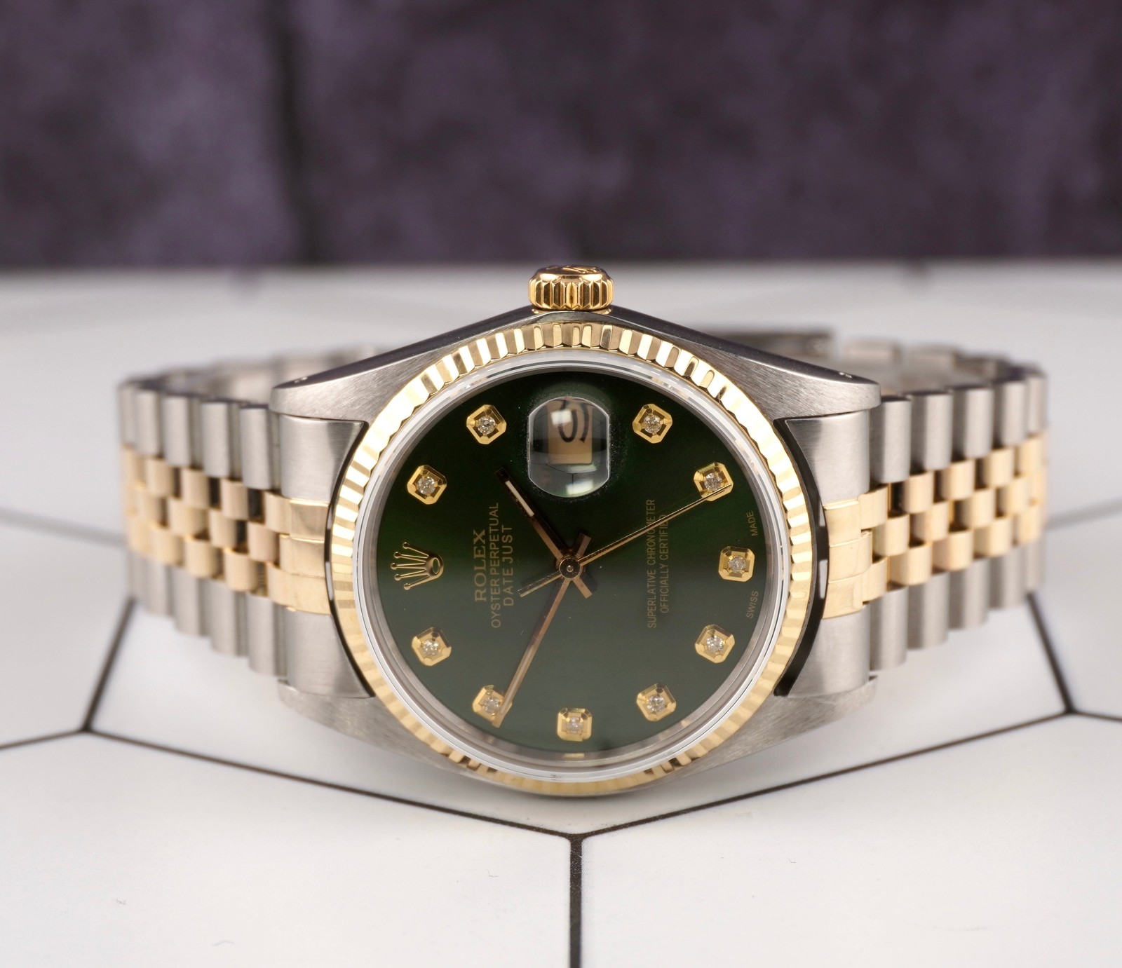 Rolex Datejust 36mm Yellow Gold Fluted Green Diamond Dial Jubilee Watch 16013